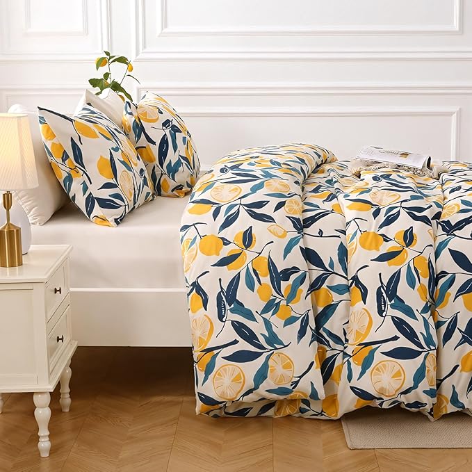 MUXHOMO Lemon Blossom Bed in a Bag Queen 7 Pieces, Queen Comforter Set Reversible Botanical Flowers Design, Ultra Soft & Breathable Bedding Sets with Comforter, Sheets, Pillowcases & Shams