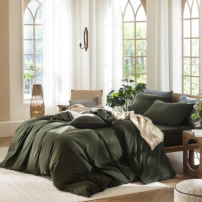 MooMee Bedding Duvet Cover Set 100% Washed Cotton Linen Like Textured Breathable Durable Soft Comfy (Solid Olive Green, Super King Plus 120"x120")
