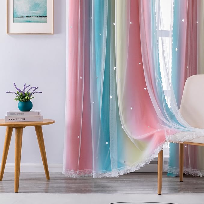XiDi Girls Room Decro, Blackout Curtains for Kids Bedroom, Colorful Rainbow Style, Unicorn Wall Decor Ombre Curtains, Princess Room 63 Inches Long Pink/Blue