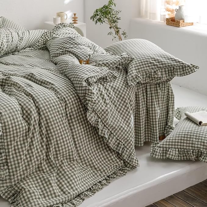 mixinni Green Ruffle Duvet Cover King Size 3 Pieces – 100% Washed Cotton, Vintage Plaid Ruffled Bedding Set with Zipper Ties, Soft Checkered Grid Farmhouse Chic Comforter Cover Set
