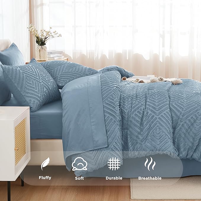 Andency California King Comforter Set Grayish Blue - 7 Pieces Bed in a Bag Cal King Bedding Comforter Sets, Tufted Lightweight Fluffy Bed Set with Comforter, Sheets, Pillowcases & Shams