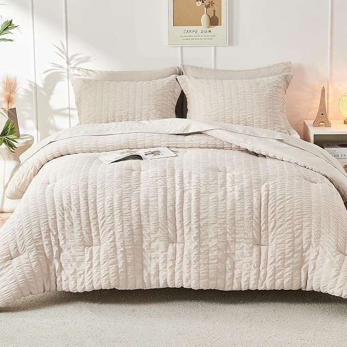 HYMOKEGE Beige Twin Comforter Set Seersucker 5 Pieces, All Season Luxury Bed in a Bag for Bedroom, Bedding Set with Comforters, Sheets, Pillowcase & Sham