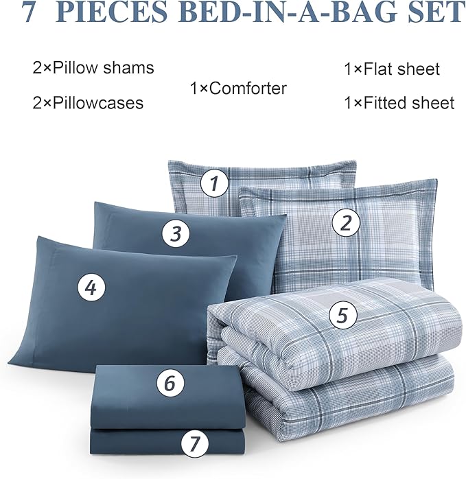 Full Size Comforter Sets, Light Blue Plaid Bedding Set 7 Piece for Boys Girls Teen, Classic Homestead-Style Kids Comforter Set Bed in A Bag with Sheets, Pillowcases & Shams