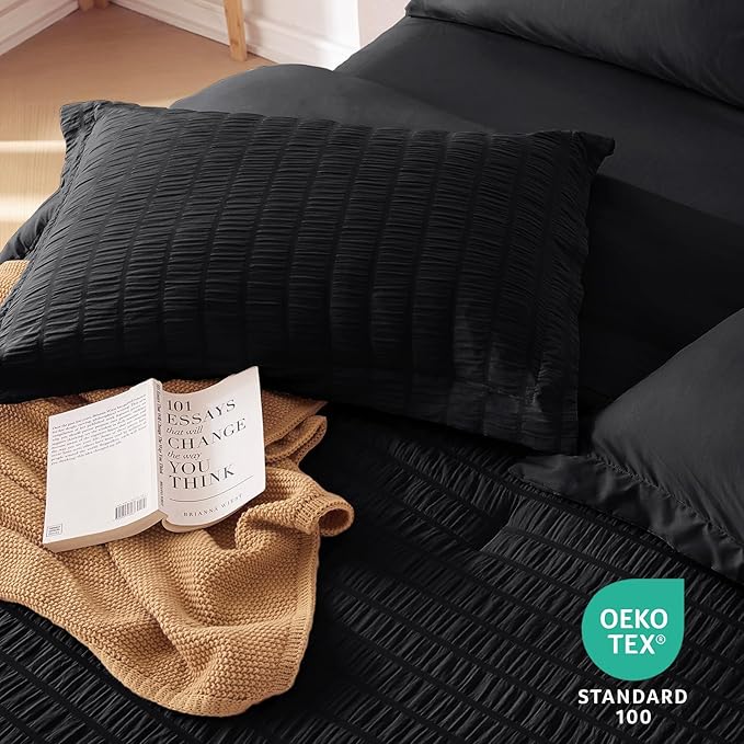 MUXHOMO 5 Pieces Twin XL Comforter Set, Seersucker Bed in a Bag Twin XL Size, All Season Luxury Bedding Set with Comforter, Flat Sheet, Fitted Sheet, Pillowcase & Sham, Black