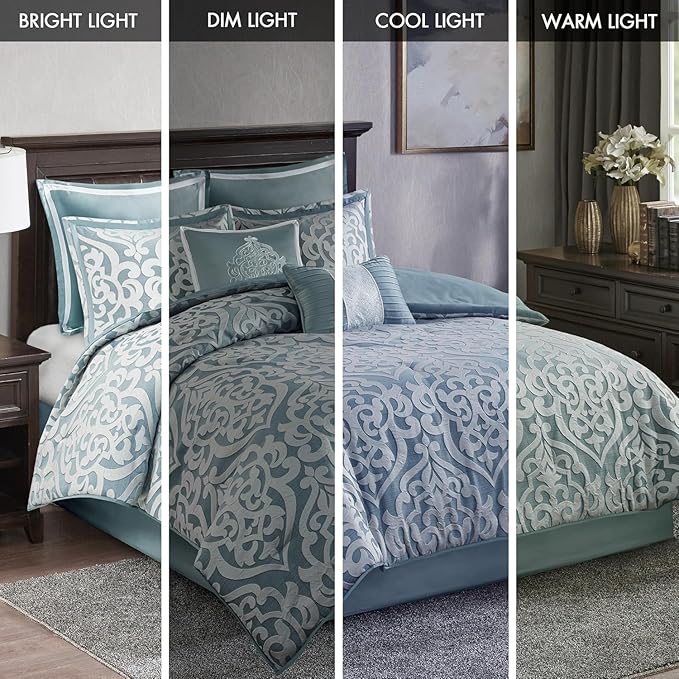 Madison Park Odette Cozy Comforter Set Jacquard Damask Medallion Design - Modern All Season, Down Alternative Bedding, Shams, Decorative Pillows, Cal King(104 in x 92 in), Aqua