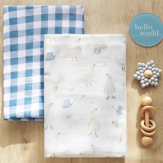 LifeTree Baby Swaddle Blankets, Boys Girls Muslin Swaddling Wrap Receiving Blanket for Newborn, 70% Viscose from Bamboo and 30% Cotton, Large 47" x 47", Duck and Checkered