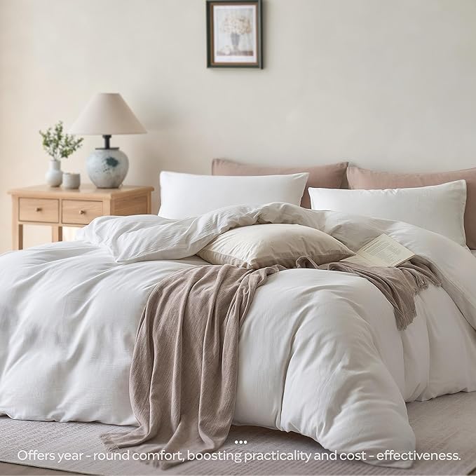 JELLYMONI White Duvet Cover Super Queen Size - 100% Washed Cotton Lightweight Cooling Comforter Cover, 3 Pieces Soft Bedding Set with Zipper Closure (Off White, 98"x90")