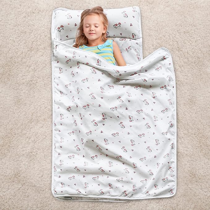 Toddler Nap Mat with Blanket 50" x 21" x 1.5", Nap Mat for Boys Girls Super Soft and Cozy, Kids Sleeping Bag for Preschool, Daycare, Toddler Sleeping Bag, White Horse