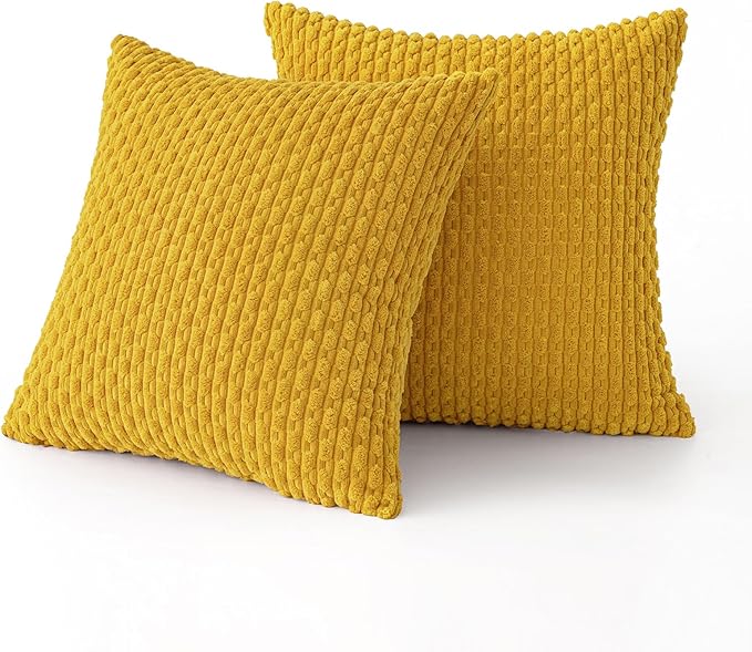 MIULEE Pack of 2 Decorative Throw Pillow Covers 18x18 Inch Soft Boho Striped Textured Corduroy Pillow Covers Modern Farmhouse Home Decor for Couch Bed Sofa Living Room Mustard Yellow