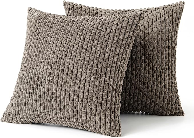 MIULEE Pack of 2 Decorative Throw Pillow Covers 18x18 Inch Soft Boho Striped Textured Corduroy Pillow Covers Modern Farmhouse Home Decor for Couch Bed Sofa Living Room Neutral Brown