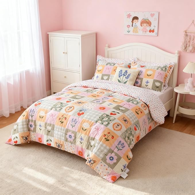 Mooreeke Kids Twin Comforter Sets for Girls 6 Pieces Floral Butterfly Bedding Set for Teens Microfiber Splice Block Flower Kids Bed in A Bag with Comforter, Sheet Set, Shams and Decorative Toy Pillow