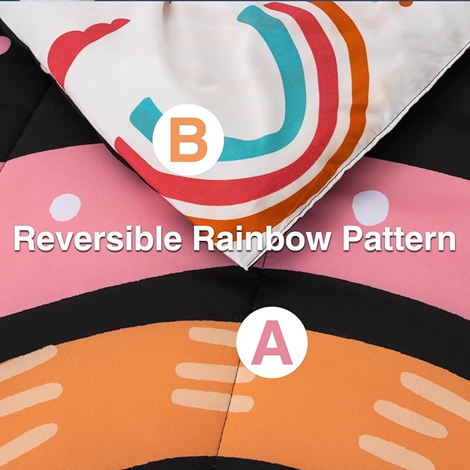 A Nice Night Lightweight Soft Cartoon Rainbow 6Pcs Queen Comforter Sets, Love Hearts Printed Bedding Set for Boys Girls(Black,Queen)