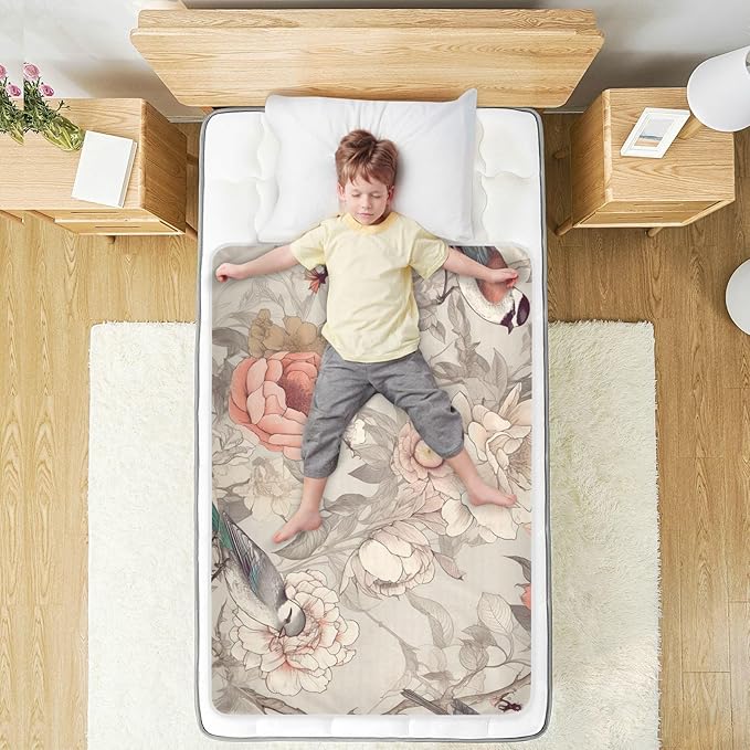 Waterproof Bed Pad Reusable Changing Pad Toddler Mattress Protector Large Pee Pad Baby Diaper Pad Soft Washable Liner White Peony Bird