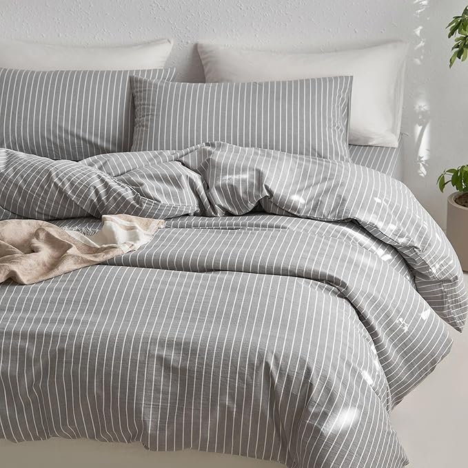MooMee Striped Duvet Cover Set 100% Washed Cotton Linen Like Textured Breathable Durable Soft Comfy (Light Grey White Wide Stripes, Full 80"x90")