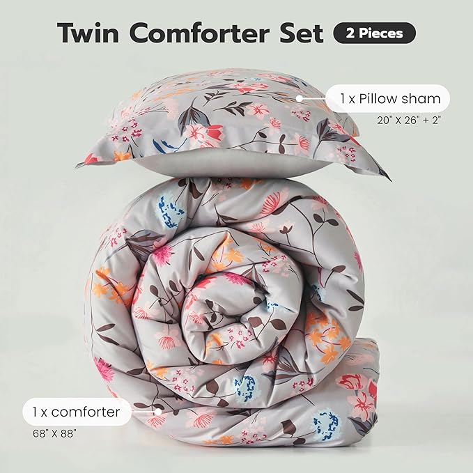 Joiedomi Twin Comforter Set Light Grey, 2 Pieces Floral Twin Bedding Set with 1 Soft Reversible Flower Comforter and 1 Pillow Sham, Bed in a Bag for All Seasons