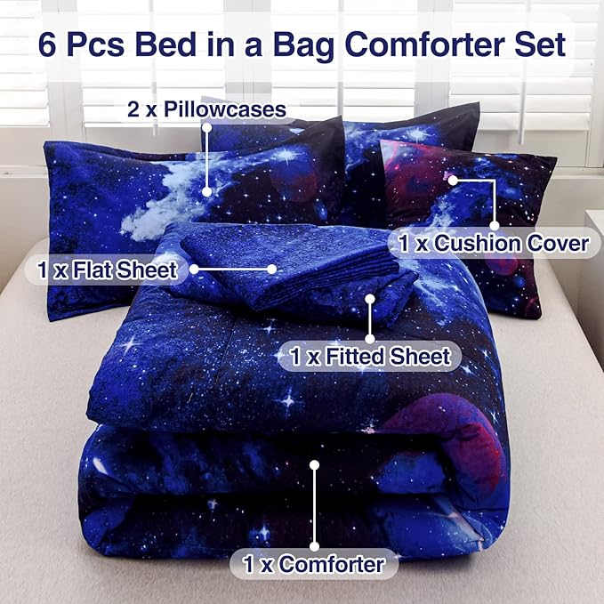 A Nice Night Galaxy 6Pcs Bedding Sets Outer Space Comforter Bed in a Bag 3D Printed Quilt,for Children Boy Girl Teen Kids,Queen 6Pcs