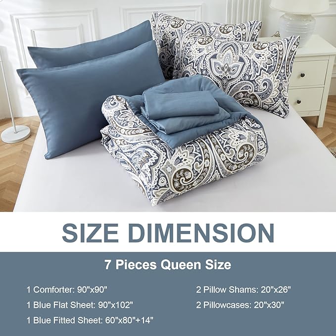 Drucon Blue Paisley Comforter Set Full,7 Pieces Bed in a Bag Comforter Boho Paisley Pattern Bedding Set Soft Microfiber(1 Comforter,1 Flat Sheet, 1 Fitted Sheet,2 Pillowcases, 2 Pillow Shams)