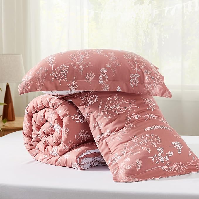 Bedsure Full Comforter Set - Grayish Pink Bed Set, 3 Pieces Cute Floral Bedding, 1 Soft Reversible Botanical Flowers Comforter and 2 Pillow Shams