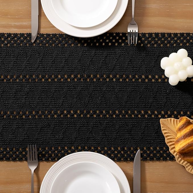 Socomi Boho Table Runner Easter Spring Farmhouse Rustic Dining Kitchen Centerpiece Decor Small Macrame Woven Cotton Linen Coffee Table Runner for Dresser Scarf Home Decor 12x48 inch Black