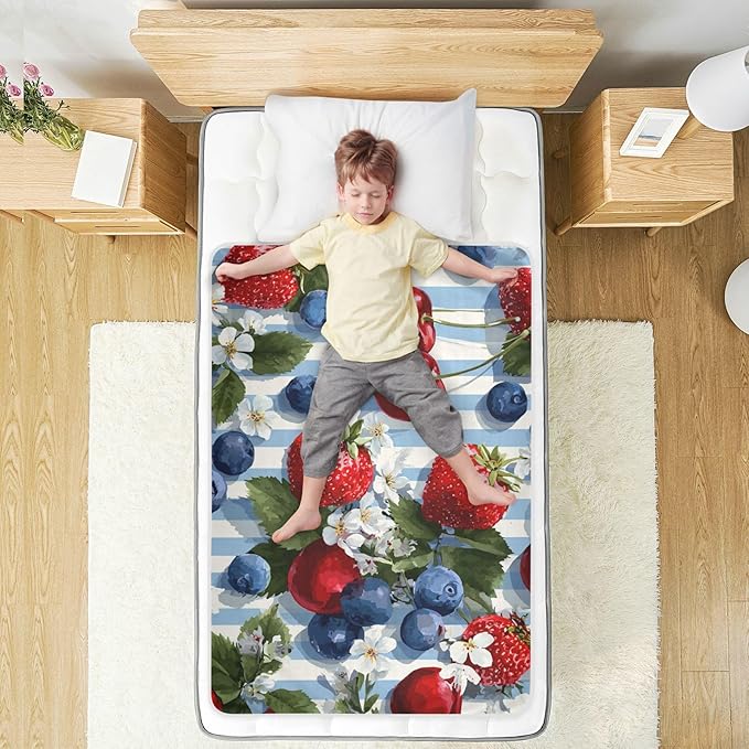 Waterproof Bed Pad Reusable Changing Pad Toddler Mattress Protector Large Pee Pad Baby Diaper Pad Soft Washable Liner Blue Stripe Strawberries Cherries Blueberries