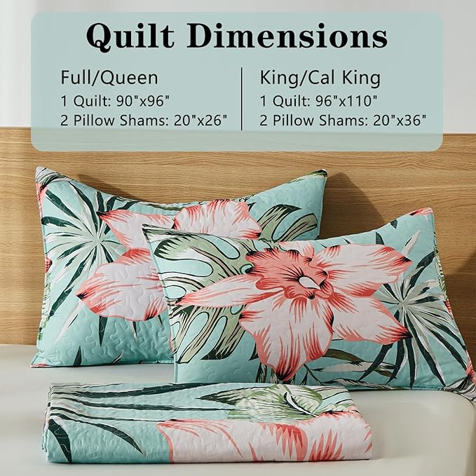 Yogeneg King Quilt Bedding Set,Green Pink Botanical Pattern Sky Blue King/Cal King Quilt Set,3 Piece Lightweight Soft Summer Bedspread Coverlet with 2 PIillow Shams,All Season(Sky Blue,110"x96")