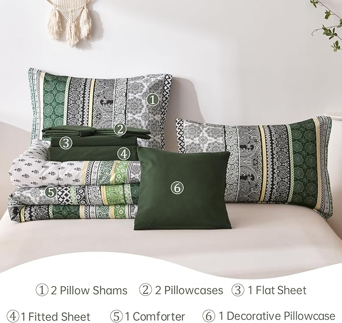 Cottolester Boho Comforter Set King Size,8 Pieces Dark Green Bohemian Striped Bed in a Bag,Paisley Soft Microfiber Bedding Comforter Set