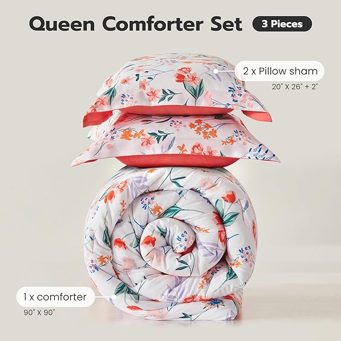 Joiedomi King Size Comforter Set White, 3 Pieces Floral King Bedding Set with 1 Soft Reversible Flower Comforter and 2 Pillow Shams, Bed in a Bag for All Seasons