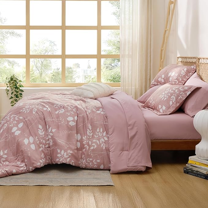 Bedsure Rose Pink Twin Comforter Set - 5 Pieces Floral Bedding Sets Twin Bed in a Bag with Reversible Botanical Flowers Comforter, Sheets, Pillowcase & Sham