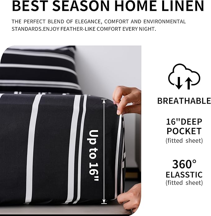 Best Season Black and White Striped Bed Sheets Queen Size 4 Piece Ultra Soft Stripe Sheet Set - Deep Pocket, Fade & Wrinkle Resistant Bedding Set (Black&White)