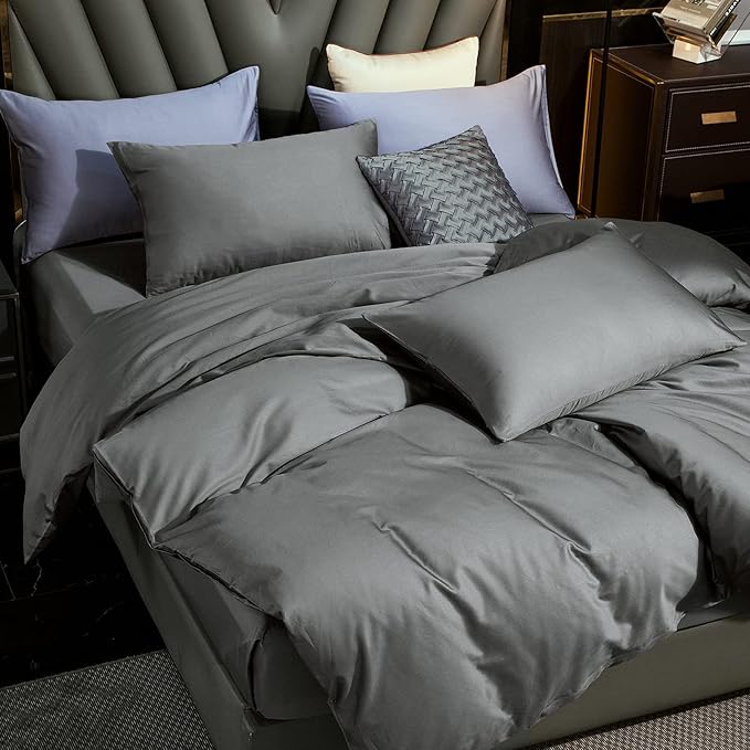 MooMee Duvet Cover Set 100% Extra Long Staple Cotton 600 Thread Count Silky Sateen Smooth Luxury Soft Breathable Durable Hotel Quality Bedding, 2 Pieces (Dark Gray,Twin 68"x90")