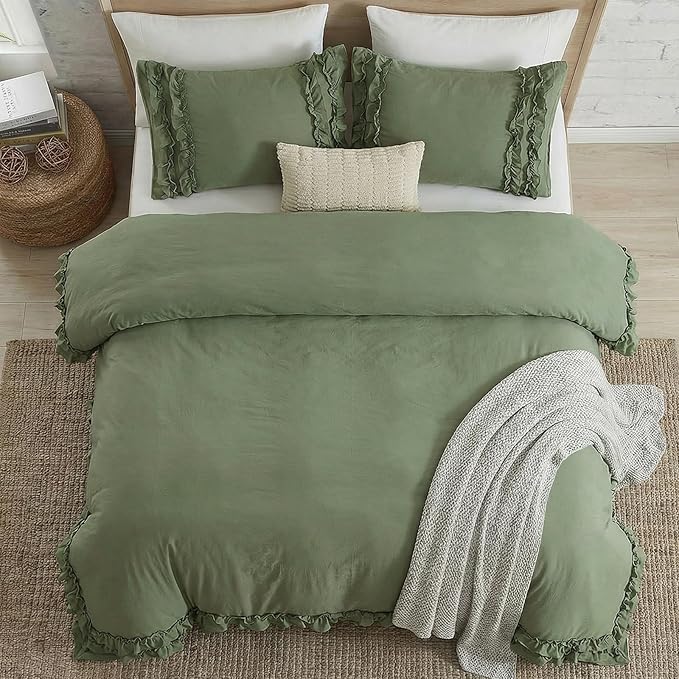 Avocado Green Duvet Cover Queen Ruffled Bedding Set Pleated Ruffle Fringe Shabby Chic Bedding Super Soft Cozy Boho Bedroom Bedding for All Season