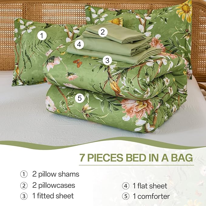 Yiran Sage Green Hibiscus Floral Comforter Set Queen Size, 7 Piece Bird Flowers Botanical Comforter Bedding Set, Vintage Bed in a Bag, Soft Microfiber Complete Bedding Set with Sheets for All Season