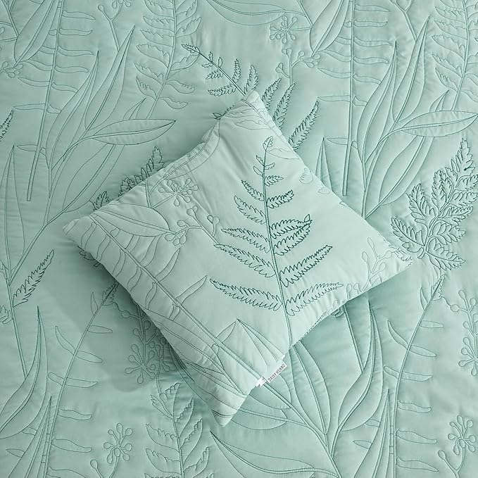 Botanical Oversized Bedspread Queen Size - Leaves Pattern Stitching Quilt Set - Elegant & Fresh Style Bedding Coverlets, Reversible, Lightweight, 5 Piece, Seaglass