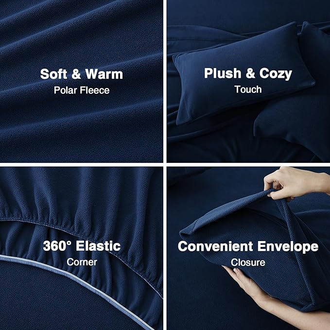 Love's cabin Fleece Twin Sheet Set - 3 Pcs Dark Blue Super Soft Plush Polar Fleece Bed Sheets Set with 16" Deep Pocket,Cozy Warmth for Cold Season(1 Flat Sheet,1 Fitted Sheet,1 Pillow Case)