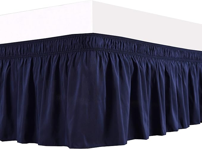 Wrap Around Bed Skirts Elastic Dust Ruffles, Easy Fit Wrinkle and Fade Resistant Silky Microfiber Fabric Solid Color Bedskirt, 12 Inch Tailored Drop Navy Blue for King XL Size Bed Skirt