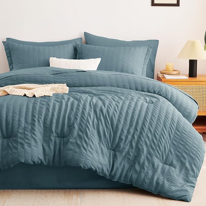 CozyLux Queen Comforter Set Mineral Blue Seersucker 7 Pieces Bed in a Bag Queen Comforter Set with Sheets, Luxury Bedding Set with Down Alternative Comforter, Sheets, Pillowcases & Shams All Seasons