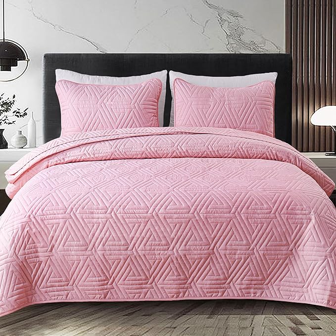 Whale Flotilla Soft King Size Quilt Set for All Seasons, 3-Piece Ultrasonic Geometric Quilts Bedding Set, Lightweight Reversible Bedspread, Coverlet, Bed Cover with 2 Pillow Shams, Pink