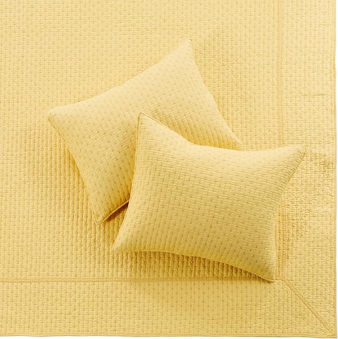 Levtex Home Cross Stitch Reversible Queen Bedspread Set (104x106in) with 2 Pillow Shams (26x20in) - Stitch Texture - Yellow - Cotton Queen Size Bedspread Set - Lightweight, Soft, Pre-Washed