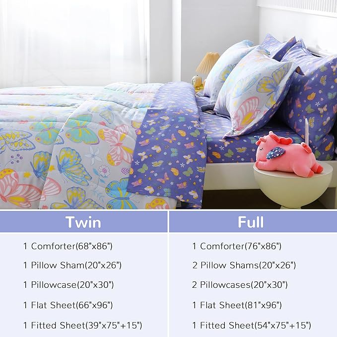 Viviland Kids Full Bedding Sets for Girls, Soft Full Comforter Set with Sheets, 7 Pieces Microfiber Bed in a Bag, Colorful Butterfly
