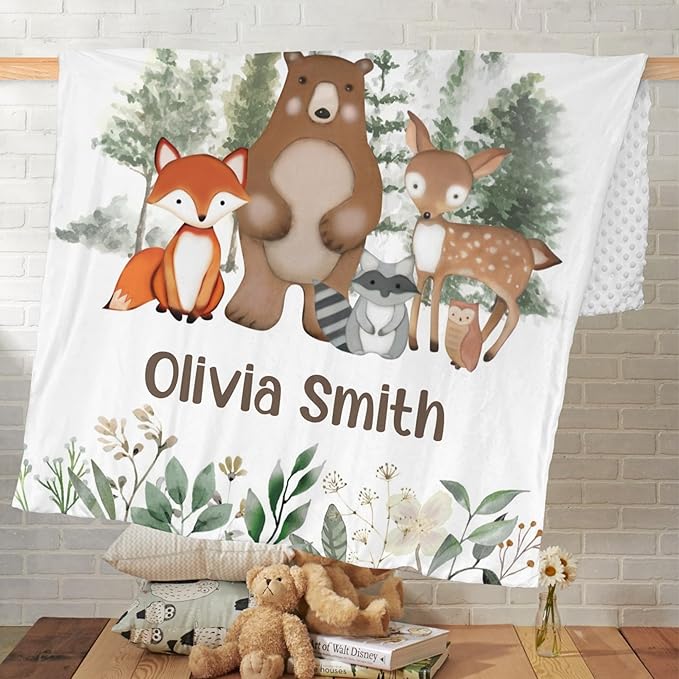Personalized Baby Blankets for Girls, Baby Blanket for Girls with Name, Soft Plush Receiving for Newborns - Essential Baby Items, Woodland Bear 35x45 Inches