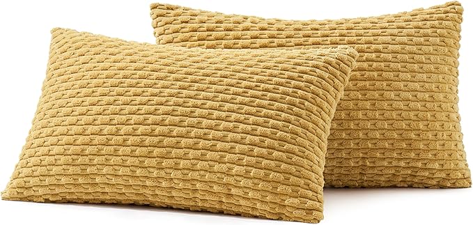 MIULEE Pack of 2 Decorative Lumbar Throw Pillow Covers 12x20 Inch Soft Boho Striped Textured Corduroy Pillow Covers Modern Farmhouse Home Decor for Couch Bed Sofa Living Room Gold