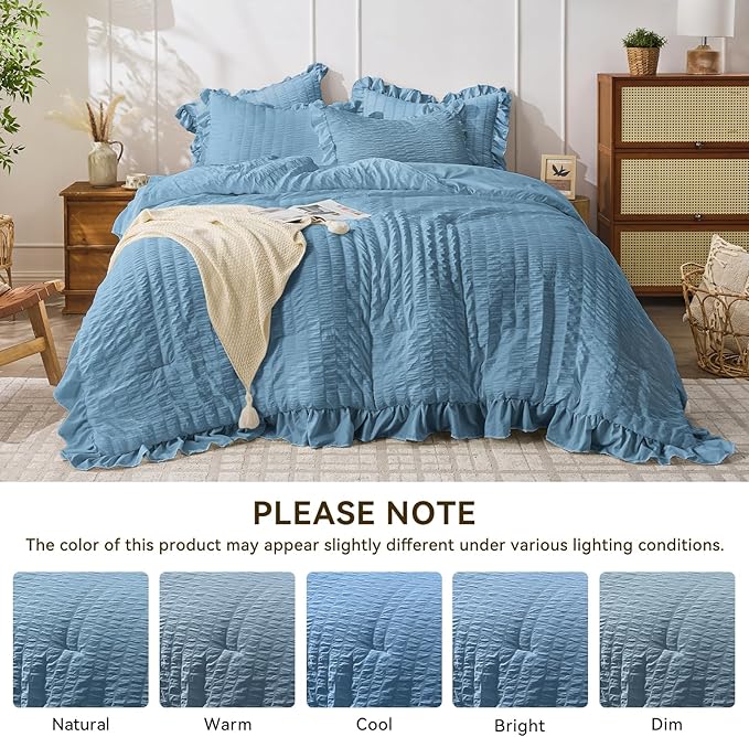 JOLLYVOGUE Twin Size Comforter Set, 2 Pieces Sea Blue Seersucker Lightweight Fluffy Bedding Set, Twin Ruffle Comforter, All Season Soft Microfiber Shabby Chic Bed Set