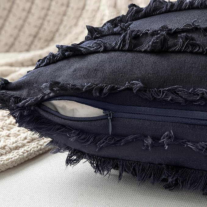 MIULEE Set of 2 Decorative Boho Throw Pillow Covers Linen Striped Jacquard Pattern Cushion Covers for Sofa Couch Living Room Bedroom 20x20 Inch Navy Blue