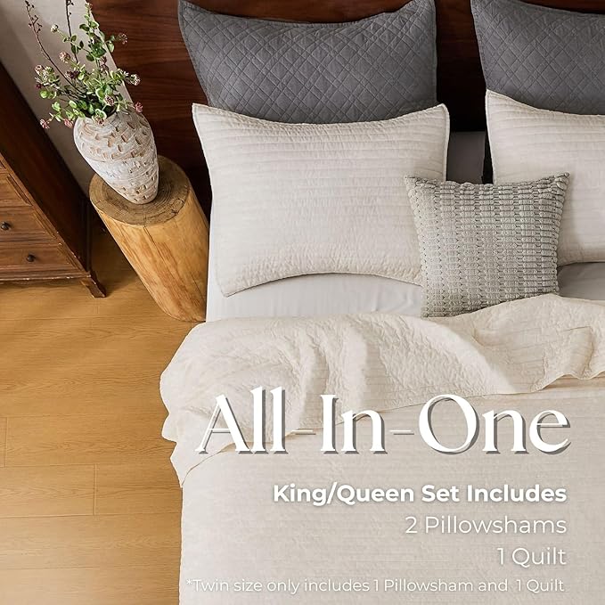 DOWN HOME Queen Quilt Bedding Set with Shams, Vintage Washed Soft Quilted Blanket Thin Comforter Lightweight Bedspread Coverlet Bed Cover, Brushed Microfiber Stripe Stitching, Linen White, 86"x90"