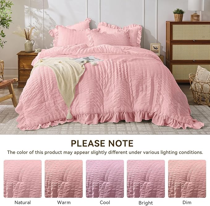 JOLLYVOGUE Pink Seersucker Queen Comforter Set, 3 Pieces Bed in a Bag Comforter Set, Lightweight & Fluffy Bedding Sets Queen for All Season with 1 Ruffle Comforter and 2 Ruffle Pillowshams