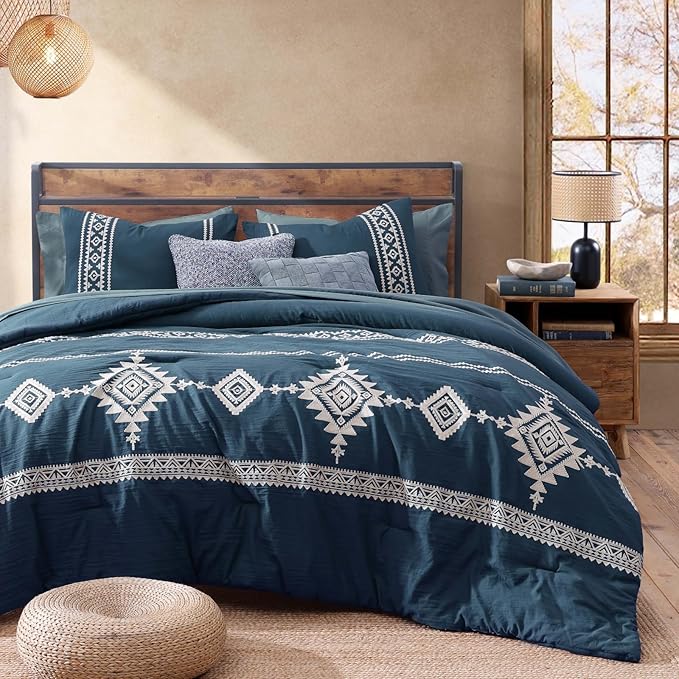 MaiRêve Embroidery Queen Size Comforter Set Navy Blue, Boho Farmhouse Western Bedding Set 7 Pieces, All Season Bed in A Bag Comforter Set with Sheets, Pillowcases & Shams