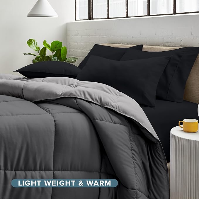 Bare Home Reversible Bed-in-A-Bag Comforter & Sheet Set - King - Down Alternative - Soft - Bedding Set (King, Grey/Light Grey, Black)