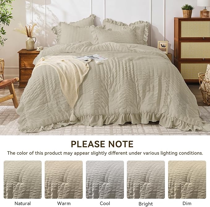 JOLLYVOGUE King Size Comforter Set, 3 Pieces Linen Seersucker Comforters King Size, Lightweight & Fluffy Bedding Sets King for All Season with 1 Ruffle Comforter and 2 Ruffle Pillowshams