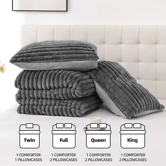 Smoofy Fluffy Twin Comforter Sets 2 Pieces - Dark Grey Fleece Fluffy Comforter Set, Luxury Fuzzy Twin Bedding Set, Soft Warm Comforter All Season, Heavy Faux Fur Comforter with Pillow Cases