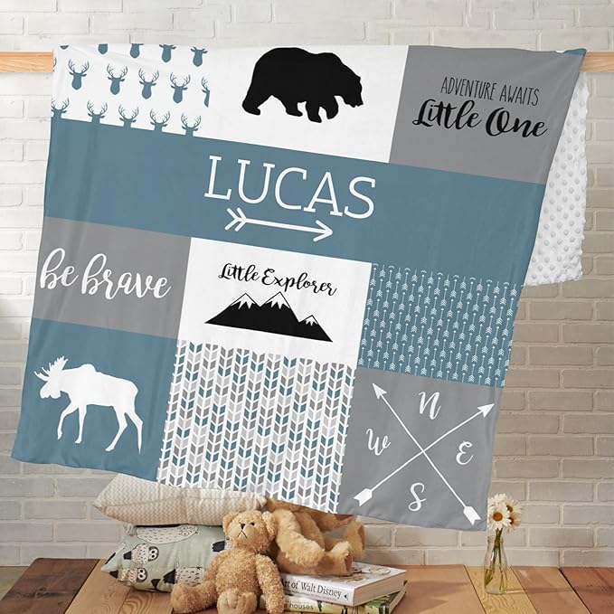 Personalized Baby Blanket for Boys Super Soft Double Layer with Dotted Backing, Lovely Woodland Animal Design Blanket for Toddler Newborn, Polyester, Bell Blue, 35 x 45 Inch